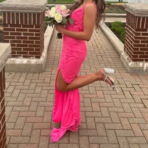 Primavera Couture Hot Pink Lace Prom Dress with Side Slit